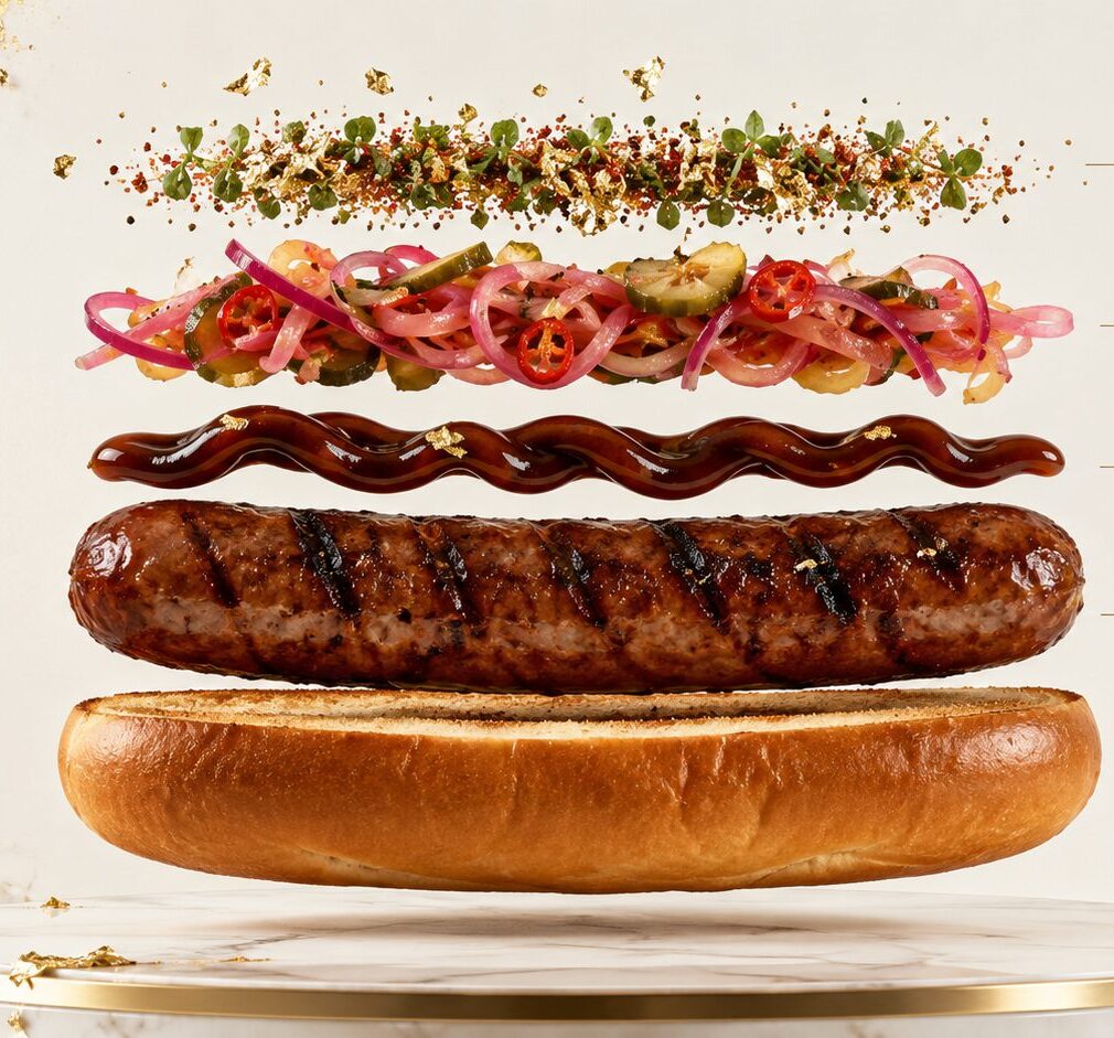 Original illustration from the O33U concept presentation: five separated layers, from top to bottom — aromatic finish, pickled vegetables, sauce, charred sausage and O33U bun.