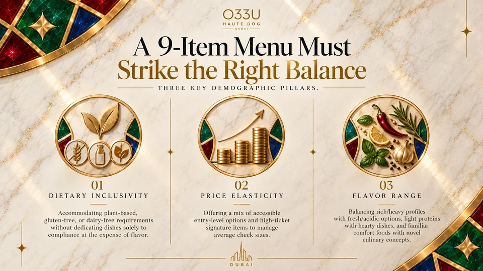 A 9-Item Menu Must Strike the Right Balance: dietary inclusivity, price elasticity and flavor range.