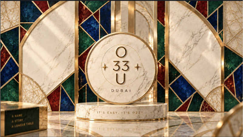 A marble medallion engraved with O33U above the word Dubai, standing on a marble plinth inscribed It's Easy, It's Ozzy, set before gold-framed stained glass in malachite, sapphire and ruby.