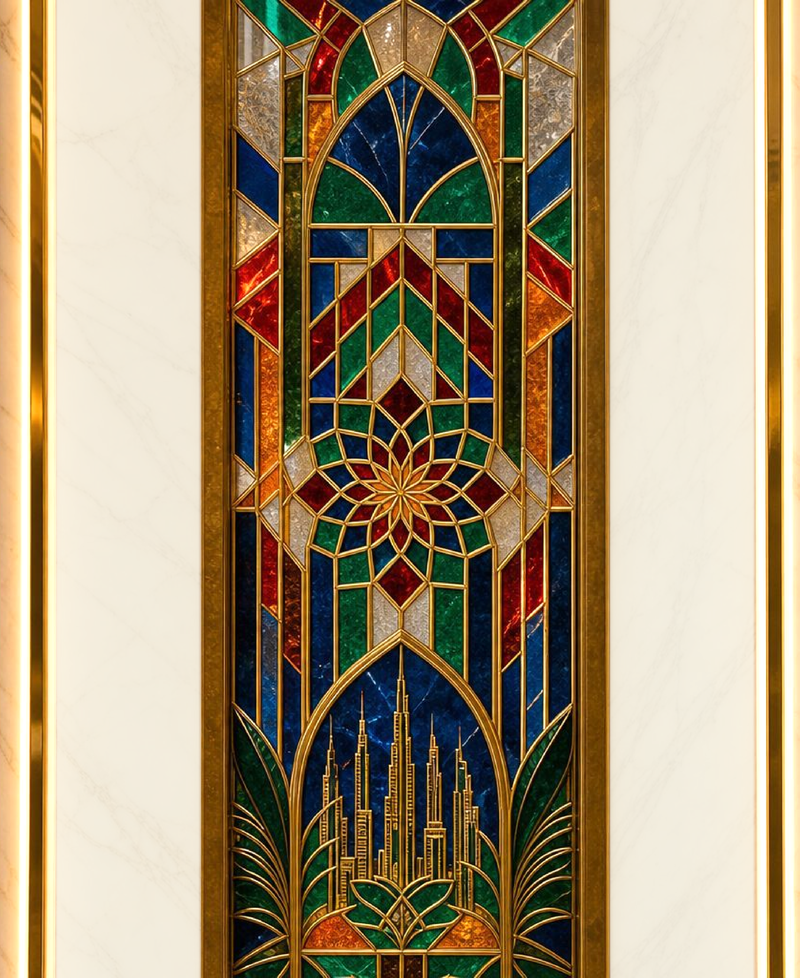 Original O33U stained-glass kaleidoscope: jewel-toned cultures meeting around a Dubai skyline.