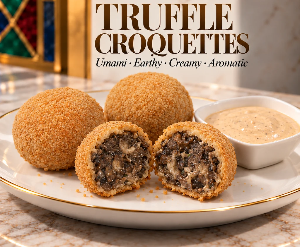 Golden truffle croquettes with a creamy mushroom filling and aioli